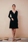 Long Sleeve V-Neck Black Chiffon Above Knee Short Prom Dresses WH231048