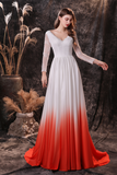 A Line V-Neck Long Sleeve Ombre Silk Like Satin Sweep Train Party Dress WH24456