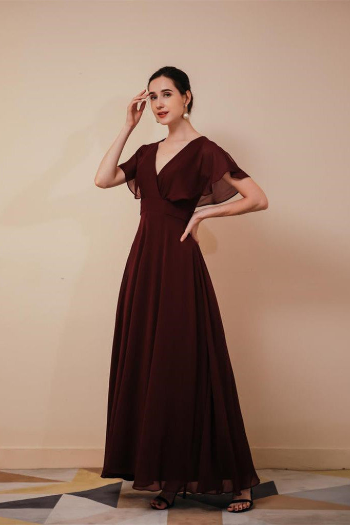 A Line Sleeveless V-Neck Chiffon Floor Length Prom Dresses WH261054