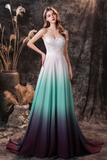 A Line Strapless Sleeveless Appliques Ombre Silk Like Satin Sweep Train Party Dress WH26459