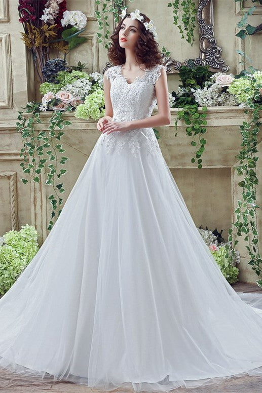Elegant A Line V-Neck Sleeveless Appliques Beading Tulle Court Train Wedding Dress WH30267