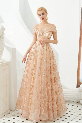 A Line Off The Shoulder Sequins Tulle Floor Length Prom Dress With Flowers WH31334