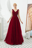 A Line V-Neck Sleeveless Appliques Beading Tulle Floor Length Prom Dress With Lace Up WH53340
