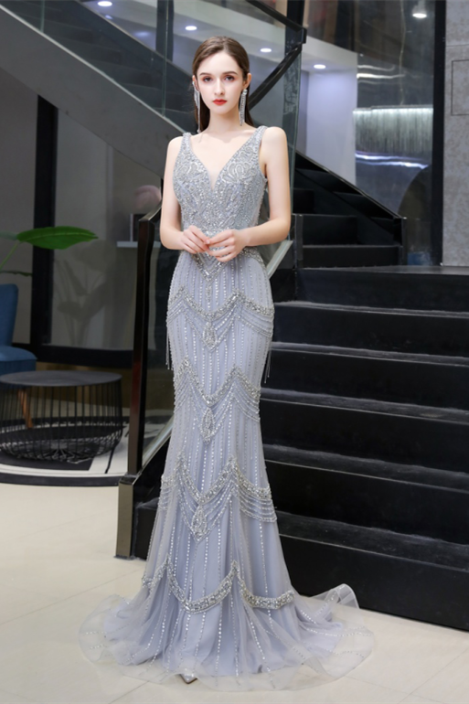 Mermaid V-Neck Sleeveless Beading Crystals Sweep Train Tulle Prom Dress With Dress Shawl WH99455