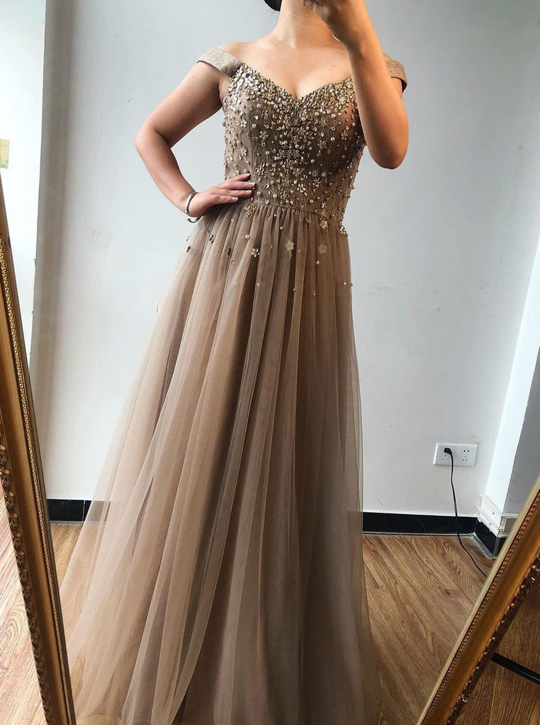 Elegant A-line Off-the-shoulder Beading Prom Dress