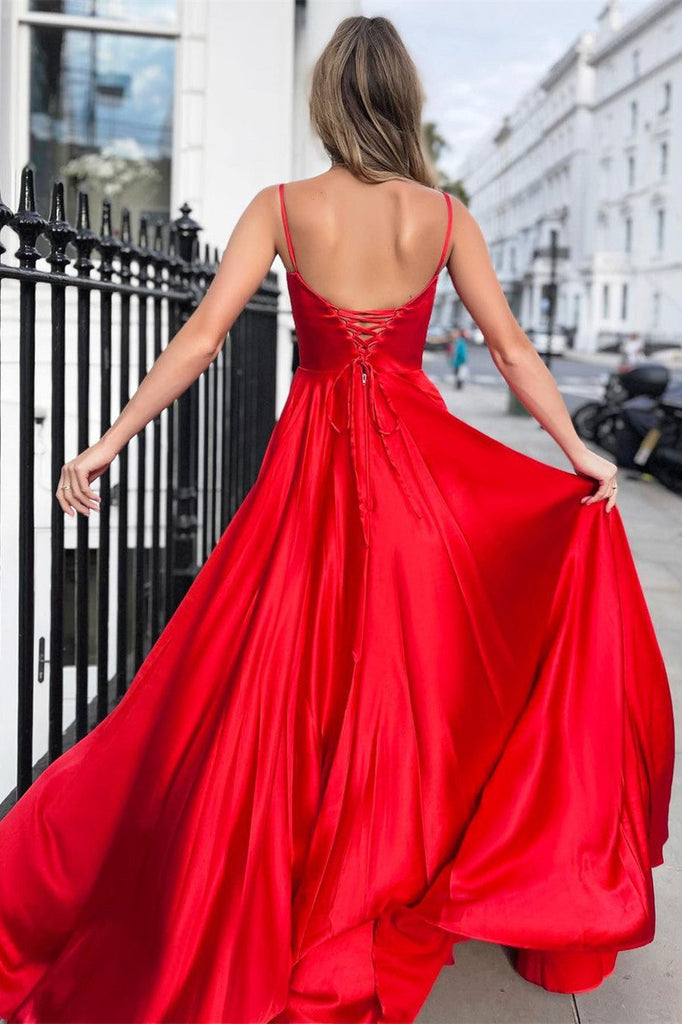 Shiny A Line Spaghetti Straps Red Long Prom Dresses WHR1123