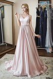 Elegant A Line V Neck Satin Beads V Back Pink Sleeveless Long Prom Dresses uk PW36