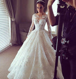 Modest Tulle Lace Appliques Long Sleeve Sheer Back Scoop Wedding Dress
