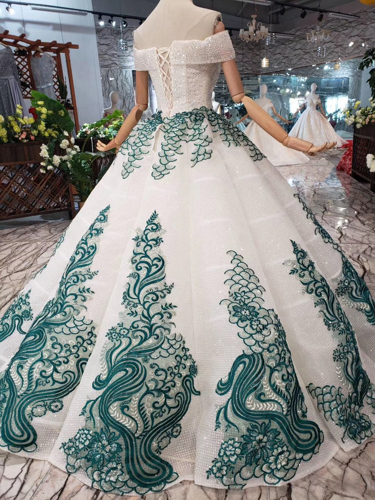 Off the Shoulder Beads Sweetheart Quinceanera Wedding Dresses with Green Appliques PW785