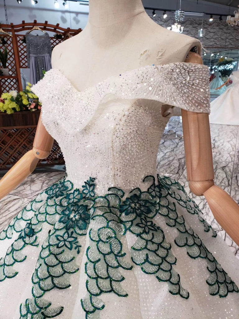 Off the Shoulder Beads Sweetheart Quinceanera Wedding Dresses with Green Appliques PW785