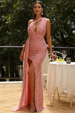 Elegant One Shoulder Dusty Pink Split Thigh Sequins Evening Gown