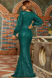 Trumpet Green Deep V-Neck Long Sleeve Sequins Evening Dresses