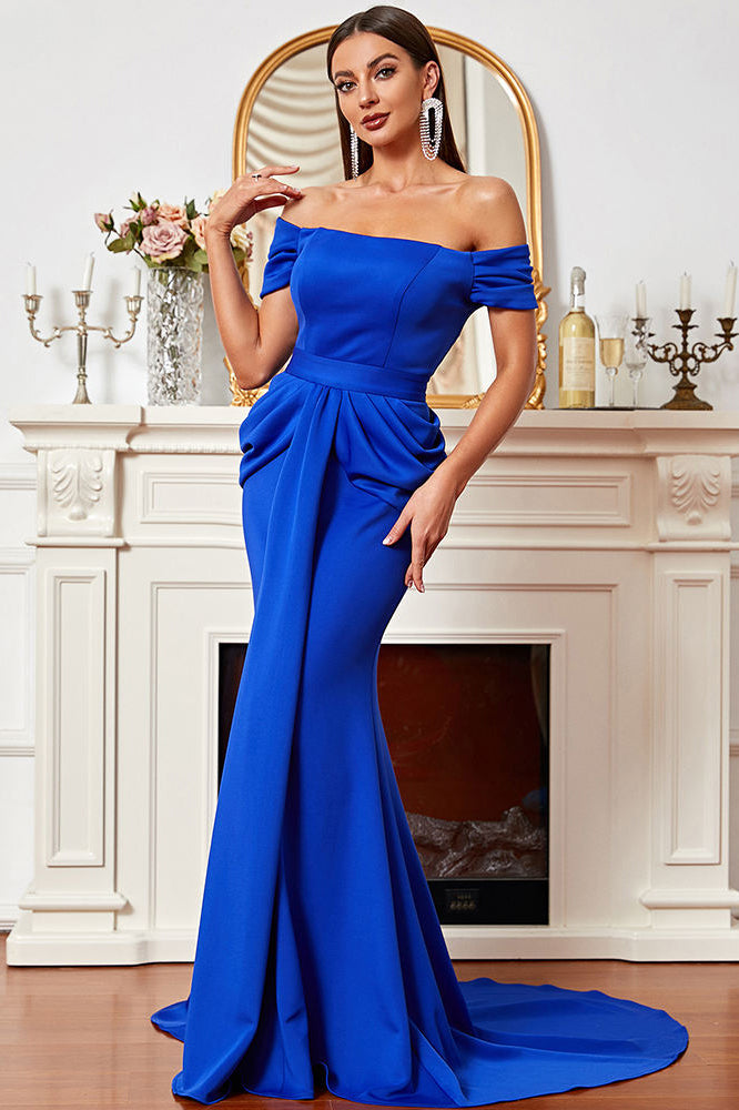 Royal Blue Mermaid Off-the-shoulder Ruched Sweep Train Prom Dress