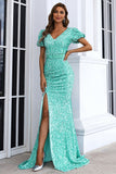 Puffy Short Sleeve Sequins Prom Dress Luxury Side Slit Sweep Train Evening Dresses