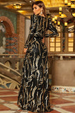 Sparkly Long Sleeve V-Neck Party Dress Sequins Black and Gold A Line Evening Dresses