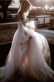 Princess Off the Shoulder Puff Sleeves Tulle Long Beach Wedding Dress W1129