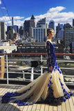Mermaid Royal Blue Scoop Appliques Tulle Prom Dress Long Evening Dress P1513