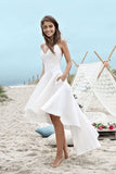 Spaghetti Straps V Neck Long High Low White Homecoming/Wedding Dress with Pockets PM216
