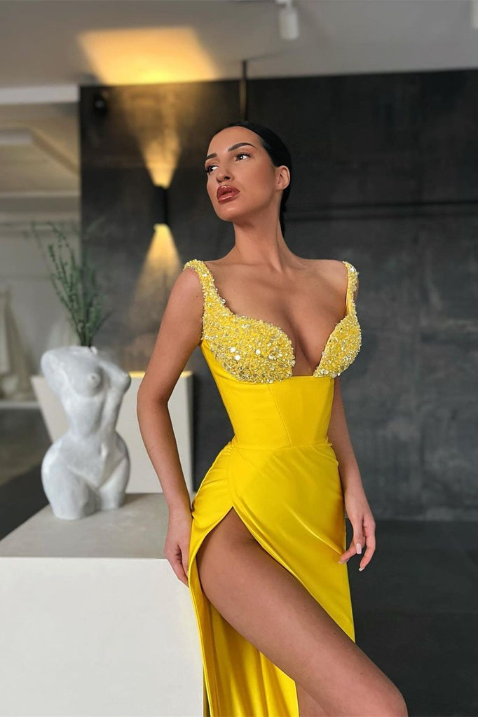 Party Dresses Mermaid Sexy Yellow Sequins Straps Prom Dresses With Slit PD0445