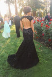 Mermaid High Neck Backless Lace Black Evening Dress