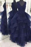 Navy Blue Appliques V-Neck Beaded Prom Dress