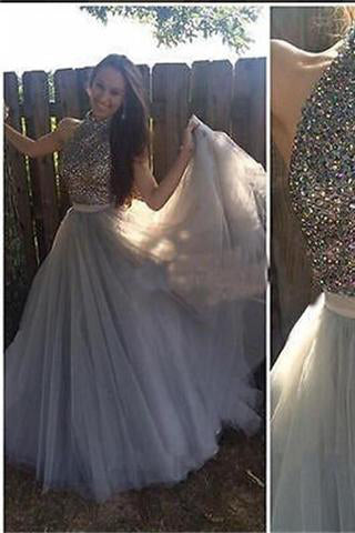 Gray Long High Neck Sparkly Cocktail Prom Dress