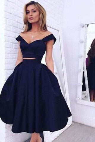 Vintage Two-piece A Line Style Off-the-shoulder Dark Navy Homecoming Dress