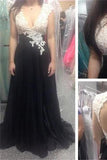 Lace Top V-Neck Black Chiffon A Line Sleeveless Open Back Popular Prom Dresses PM178