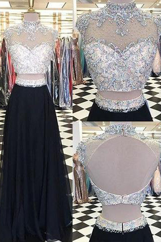 Two Piece High Neck Long Black Beading Open Back Prom Dress