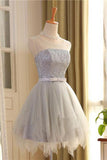 Cute A Line Sleeveless Scoop Short Silver Lace up Tulle Homecoming Dresses with Bowknot PH589
