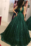 A-Line V-Neck Open Back Dark Green Sequin Luxury Lace up Long Prom Dresses uk PW125