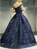 A Line Off the Shoulder Long Navy Blue Prom Dresses with Printed Evening Dresses PW847