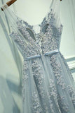A-Line Grey Tulle with Lace Appliqued V-Neck Long Sleeveless Floor-Length Prom Dresses uk PM385