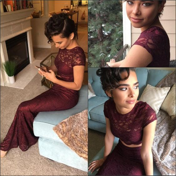 Sexy Two Pieces Burgundy Lace Mermaid Long Short Sleeves Floor Length Prom Dresses uk PM158