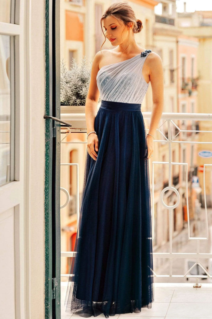Flowy One Shoulder Navy Blue Tulle Long Prom Dresses, Cheap Formal Dresses P1177