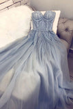 Charming A Line Blue Strapless Sweetheart Appliques Tulle Prom Dress