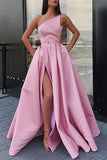 Elegant Strapless Satin High Slit Long Evening Dress with Pockets P1200