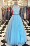 Halter Lace Bodice A Line Long Tulle Prom Dress Evening Dress