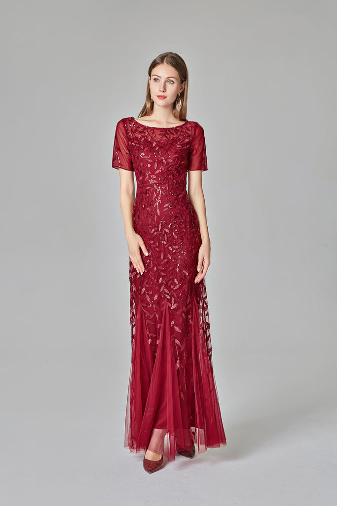 Elegant Mermaid Burgundy Tulle Prom Dresses Round Neck Beaded Long Evening Dresses P1145
