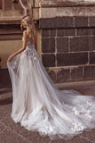 Spaghetti Straps V-neck Tulle Long Wedding Dresses with Lace N066