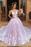 Ball Gown Spaghetti Straps V Neck Tulle Prom Dresses with Applique, Pink Wedding Dresses P1281