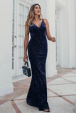 V-Neck Spaghetti Straps Velvet Dark Navy Blue Mermaid Evening Dress, Prom Dresses P1183