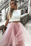 A-Line Tulle Bateau Lace Ivory Cap Sleeve Knee-Length Pink Two Piece Prom Dresses PH746