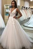 A Line V-neck Long Tulle Wedding Dress with Appliques, Cheap Bridal Dresses W1148