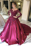 Ball Gown Long Sleeves Burgundy Satin Beads Prom Dresses with Appliques, Quinceanera Dress P1405