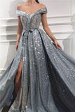 Elegant Sequins Off the Shoulder Sleeveless Prom Dresses, Silver Slit Evening Dresses P1135