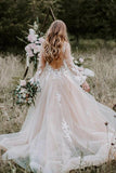 Princess Long Sleeves Lace Appliques V Neck Tulle Wedding Dresses, Beach Wedding Gowns W1228