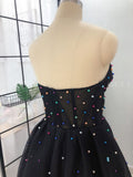 Elegant A Line Sweetheart Strapless Black Tulle Prom Dress with Beading P1442
