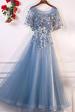 Elegant A Line Gray Blue Tulle Long Appliques Prom Dresses, Long Cheap Dance Dresses P1553