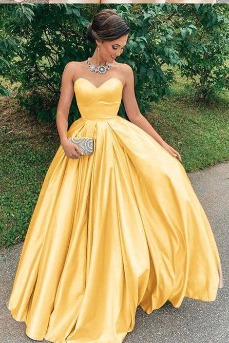 A Line Yellow Satin Prom Dresses, Strapless Sweetheart Sleeveless Party Dresses P1280